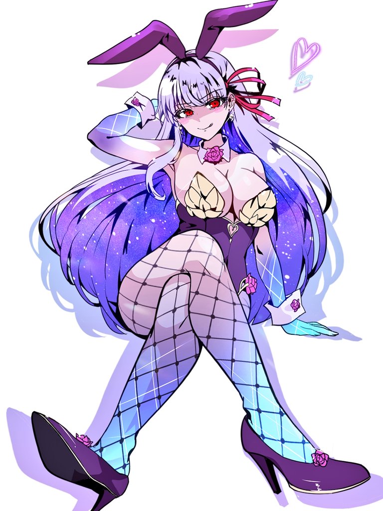 1girl blue_hair blue_skin breasts cleavage colored_inner_hair colored_skin earrings fate/grand_order fate_(series) gradient_skin hair_ribbon jewelry kama_(fate) kama_(third_ascension)_(fate) large_breasts long_hair looking_at_viewer multicolored_hair red_eyes ribbon satou_nui smile solo two-tone_hair white_hair