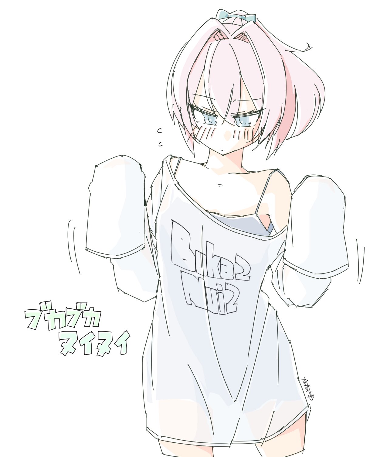 1girl alternate_costume black_camisole blue_eyes camisole clothes_writing commentary_request cowboy_shot hair_ornament highres kantai_collection pink_hair ponytail romaji_text shiranui_(kancolle) shirt short_hair sleeves_past_fingers sleeves_past_wrists solo tatahai translation_request white_shirt