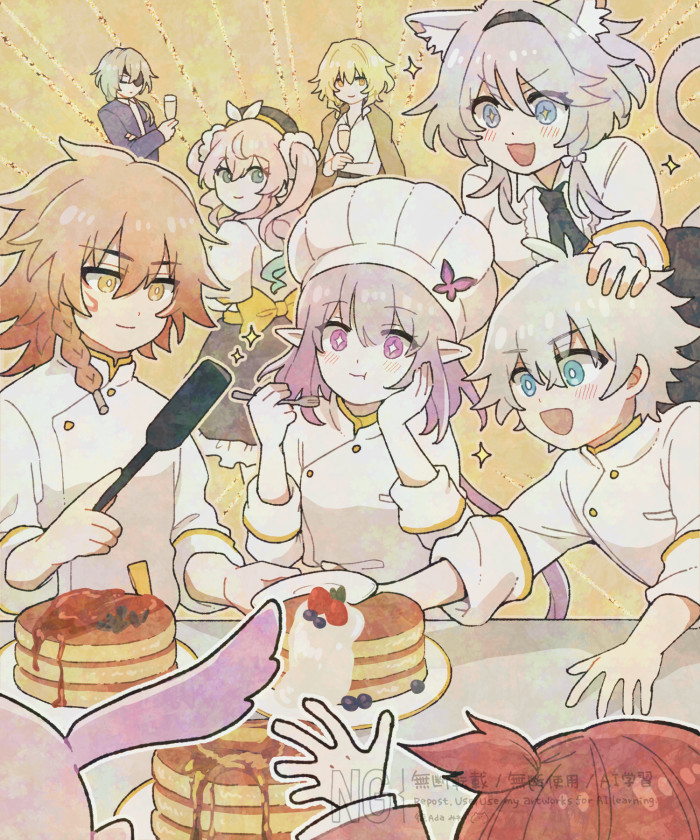 +_+ 3boys 5girls aglaea_(honkai:_star_rail) anaxa_(honkai:_star_rail) animal_ear_fluff animal_ears aqua_eyes aqua_hair black_skirt blonde_hair blue_eyes castorice_(chrysos_chef)_(honkai:_star_rail) castorice_(honkai:_star_rail) cat_ears cat_girl cat_tail champagne_flute chef_hat chrysos_heirs_(honkai:_star_rail) cipher_(honkai:_star_rail) commentary_request cup drill_hair drinking_glass elf food green_hair grey_hair hat holding holding_cup holding_spatula honkai:_star_rail honkai_(series) hyacine_(honkai:_star_rail) mem_(honkai:_star_rail) miwawa multicolored_hair multiple_boys multiple_girls mydei_(chrysos_chef)_(honkai:_star_rail) mydei_(honkai:_star_rail) pancake pancake_stack phainon_(chrysos_chef)_(honkai:_star_rail) phainon_(honkai:_star_rail) pink_hair pointy_ears purple_eyes purple_hair red_hair shirt short_hair short_hair_with_long_locks skirt spatula tail tribbie_(honkai:_star_rail) twin_drills twintails two-tone_hair white_hair white_shirt