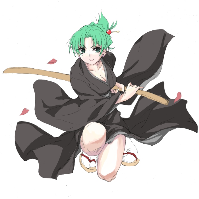 00s 1girl earrings female_focus green_eyes green_hair higurashi_no_naku_koro_ni japanese_clothes jewelry katana kimono looking_at_viewer matching_hair/eyes matsukura_nemu mature_female petals shirasaya simple_background smile solo sonozaki_akane sword tabi weapon white_background