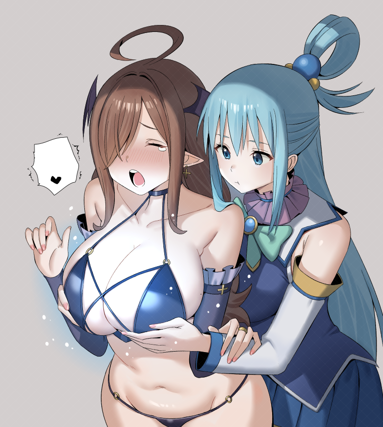 2girls ahoge aqua_(konosuba) bikini black_bikini black_bridal_gauntlets black_choker black_wings blue_eyes blue_hair blue_shirt blue_skirt blush breasts bridal_gauntlets brown_eyes brown_hair bygin choker cleavage collarbone detached_sleeves grabbing_another&#039;s_breast grabbing_from_behind grey_background groping hair_ornament hair_over_one_eye hair_rings head_wings heart kono_subarashii_sekai_ni_shukufuku_wo! long_hair looking_at_viewer multiple_girls navel pleated_skirt pointy_ears shirt simple_background single_hair_ring skirt spoken_heart standing stomach swimsuit white_sleeves wings wiz_(konosuba) yuri