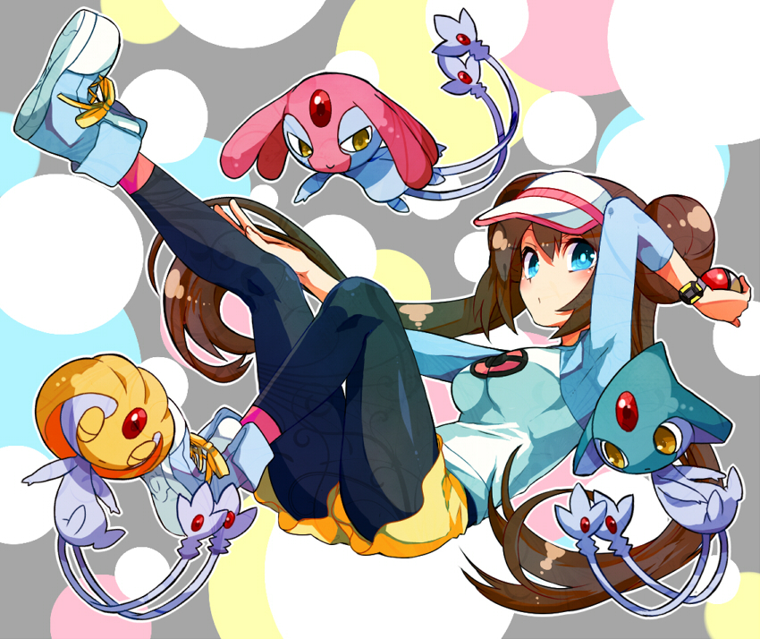 10s 1girl azelf black_pantyhose blue_eyes brown_hair double_bun full_body gen_4_pokemon hair_bun holding holding_poke_ball irouha legendary_pokemon long_hair mesprit nintendo pantyhose pantyhose_under_shorts poke_ball poke_ball_(basic) pokemon pokemon_(creature) pokemon_bw2 raglan_sleeves rosa_(pokemon) shoes shorts sneakers twintails uxie visor_cap watch wristwatch