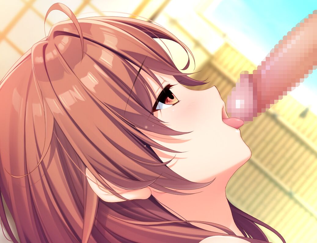 1girl ahoge alpha_(yukai_na_nakamatachi) ayase_aisa blurry blurry_background brown_eyes brown_hair censored fellatio from_side game_cg hair_between_eyes half-closed_eyes hetero licking licking_penis long_hair mosaic_censoring open_mouth oral penis portrait profile sousaku_kanojo_no_renai_koushiki straight_hair tongue tongue_out