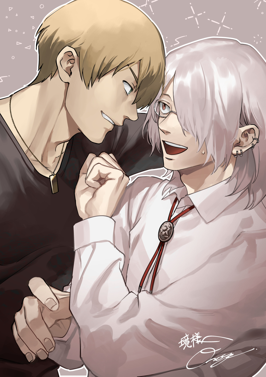 2boys black_shirt blonde_hair collared_shirt dog_tags ear_piercing eye_contact green_eyes grey_background highres jewelry looking_at_another male_focus multiple_boys multiple_piercings open_mouth original otani_(gloria) outline parted_lips pendant piercing red_eyes shirt short_hair signature smile teeth upper_body white_hair white_outline white_shirt