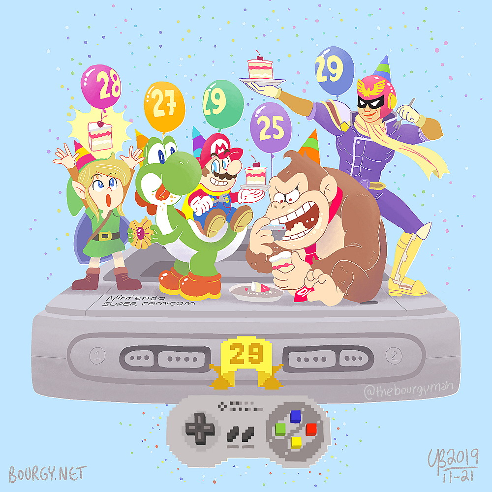 5boys animal anniversary balloon blue_background blue_eyes cake cape cape_mario captain_falcon cherry confetti controller cookie dinosaur donkey_kong donkey_kong_(series) donkey_kong_country eating elf f-zero facial_hair food fruit full_body game_console game_controller gloves grin hat helmet link mario mario_(series) monkey multiple_boys mustache nintendo party_hat pointy_ears sitting smile standing super_famicom super_mario_world super_nintendo tail the_legend_of_zelda the_legend_of_zelda:_a_link_to_the_past thebourgyman white_eyes yellow_cape yoshi yoshi&#039;s_cookie