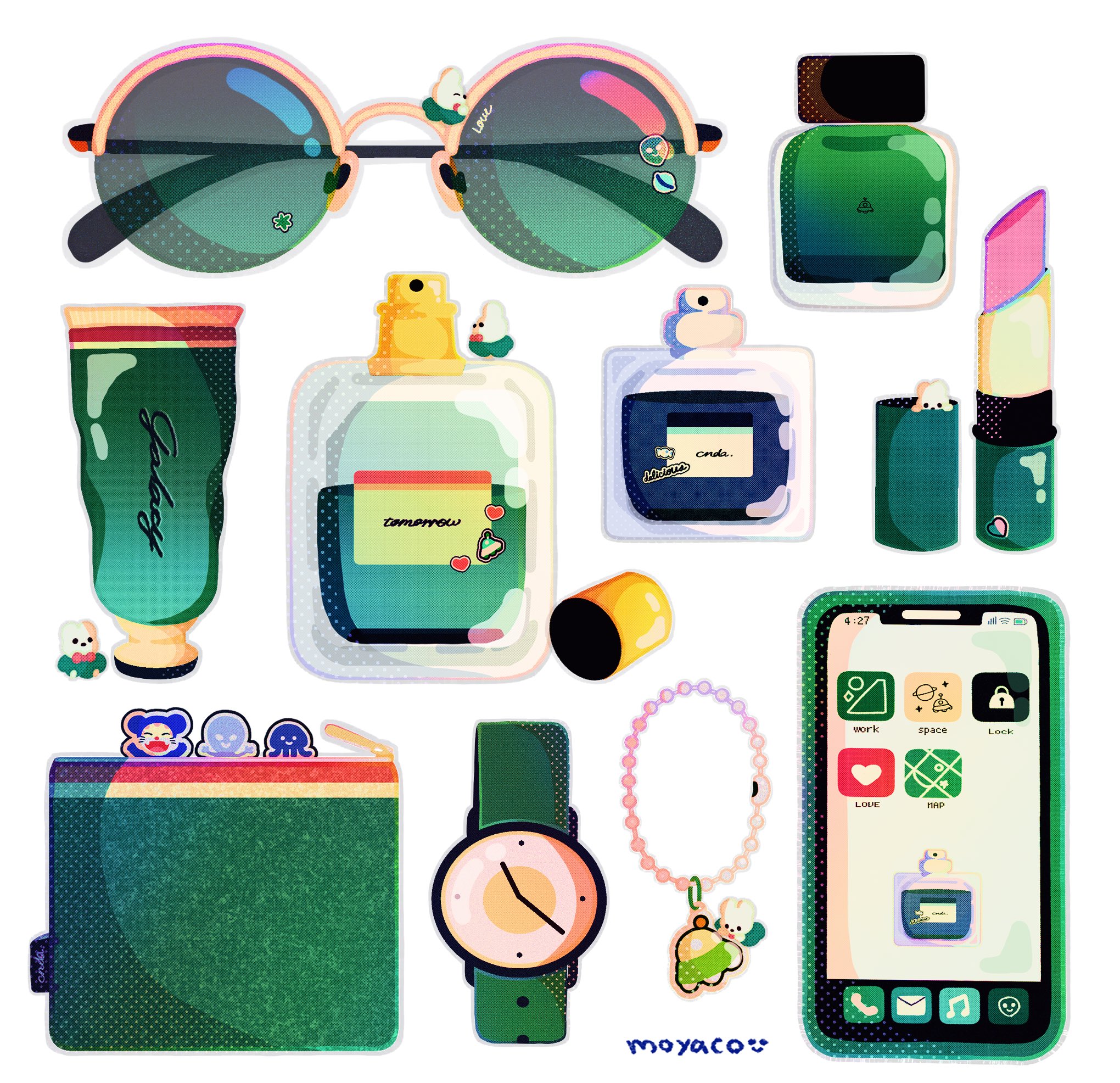artist_name bottle cellphone cellphone_charm charm_(object) commentary commentary_request cosmetics creature english_text green_theme highres lipstick_tube moyaco no_humans original phone signature simple_background smartphone solid_circle_eyes solid_eyes squeeze_tube sunglasses wallet watch white_background wristwatch