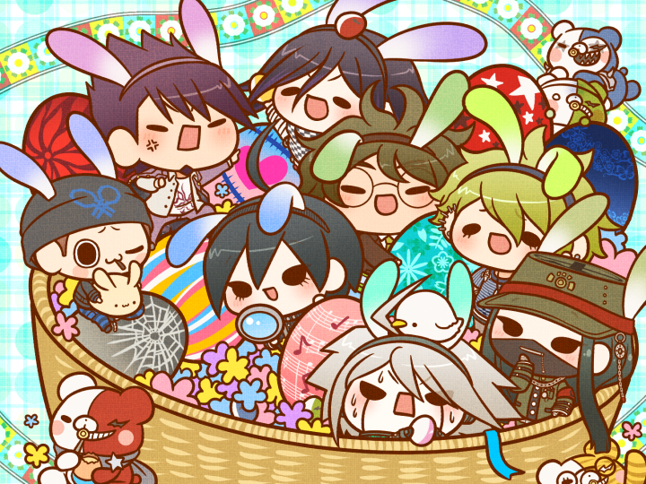 6+boys ahoge amami_rantaro android anger_vein angry animal animal_ear_hairband animal_ear_headwear animal_ears animal_on_head animal_on_lap arm_belt armband armor bandaged_hand bandages basket beanie bear belt bird bird_on_head black_eyes black_hair black_hairband black_hat black_jacket black_mask black_pants black_sclera blue_background blue_hairband blue_pants blue_shirt blunt_ends blush brooch brown_hair brown_jacket brown_pants bug_cage buttons chain chain_necklace checkered_clothes checkered_scarf chibi clenched_hand coat coat_partially_removed collared_jacket colored_sclera commentary_request cuffs danganronpa_(series) danganronpa_v3:_killing_harmony double-breasted ear_blush ear_piercing earrings easter easter_egg eating egg facial_hair fake_animal_ears floppy_ears flower food food_on_head furrowed_brow gakuran glasses goatee gokuhara_gonta green_hair green_hat green_jacket green_pants grey_footwear grey_hair grey_hairband grey_jacket grey_scarf hair_between_eyes hairband hand_on_own_chin happy hat high_collar holding holding_animal holding_egg holding_magnifying_glass hoshi_ryoma in_basket in_container jacket jewelry k1-b0 lapels layered_sleeves leather leather_jacket long_hair long_sleeves magnifying_glass male_focus mask messy_hair momota_kaito monodam monokid monosuke monotaro_(danganronpa) mouth_mask multiple_boys multiple_piercings necklace nervous nervous_sweating notched_lapels object_on_head oma_kokichi on_head on_lap one_eye_closed open_clothes open_jacket open_mouth pacifier pale_skin pants pauldrons peaked_cap pendant piercing pinstripe_jacket pinstripe_pattern plaid_background pocket pocket_watch pointing pointing_at_another purple_coat purple_hair purple_hairband purple_pants rabbit rabbit_ear_hairband rabbit_ears red_armband robot round_eyewear saihara_shuichi scarf school_uniform shackles sharp_teeth shinguji_korekiyo shirt shoes short_hair shoulder_armor shoulder_spikes simple_background single_sidelock smile solid_oval_eyes space_print spiked_hair spikes starry_sky_print straight_hair striped_clothes striped_pants striped_shirt stud_earrings sweat teeth turn_pale two-sided_coat two-sided_fabric two-tone_pants two-tone_scarf unmoving_pattern utensil_in_mouth v-shaped_eyebrows very_long_hair watch white_belt white_bird white_jacket white_scarf white_shirt white_undershirt yumaru_(marumarumaru) zipper zipper_pull_tab