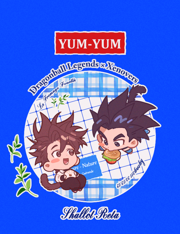 2boys black_eyes black_hair black_pants blue_background bracer brown_eyes brown_hair burger character_name chibi chibi_only commentary_request cookie copyright_name couple cursive dragon_ball dragon_ball_legends dragon_ball_xenoverse english_text food french_text hyong311 jacket korean_commentary looking_at_another male_focus mirai_senshi mixed-language_text monkey_boy monkey_tail multiple_boys oc_x_canon open_mouth pants reta_(hyong311) saiyan shallot_(dragon_ball) short_hair single_bang spiked_hair tail twitter_username white_jacket yaoi