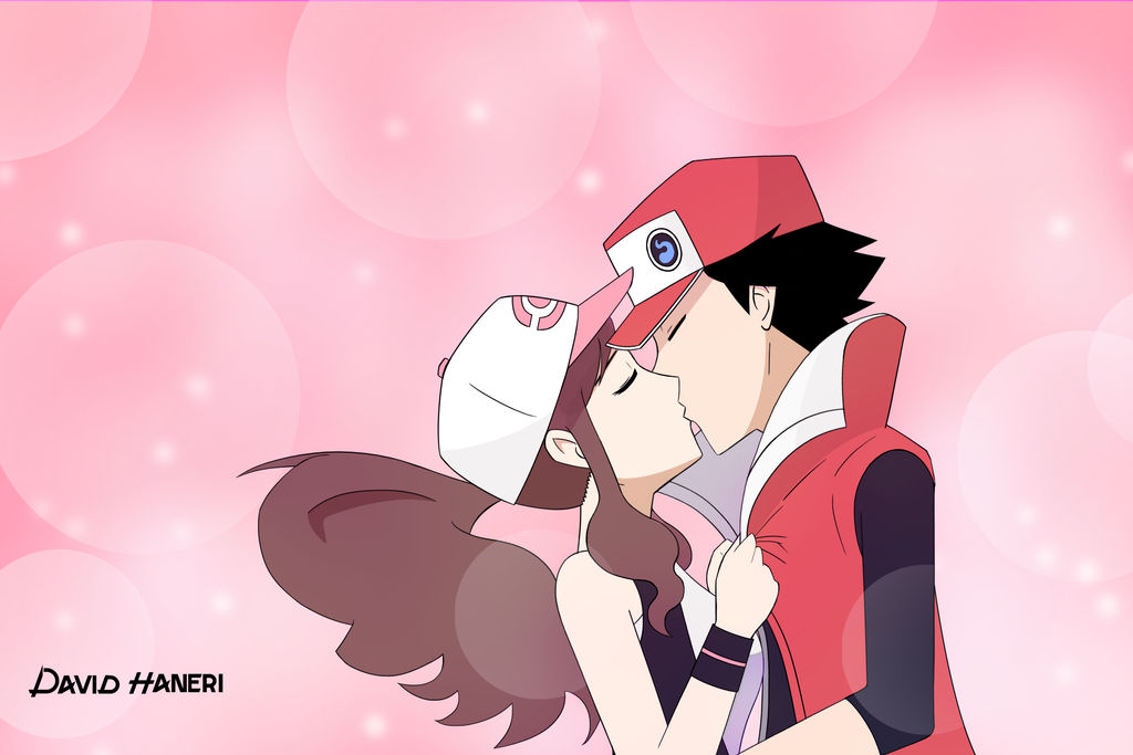 abstract_background ass baseball_cap black_hair breasts brown_hair closed_eyes david-haneri game_freak hat hilda_(pokemon) holding_person kiss long_sleeves nintendo poke_ball pokemon pokemon_bw pokemon_masters_ex pokemon_rgby ponytail red_(pokemon) red_(sygna_suit)_(pokemon) sideboob vest wrist_cuffs