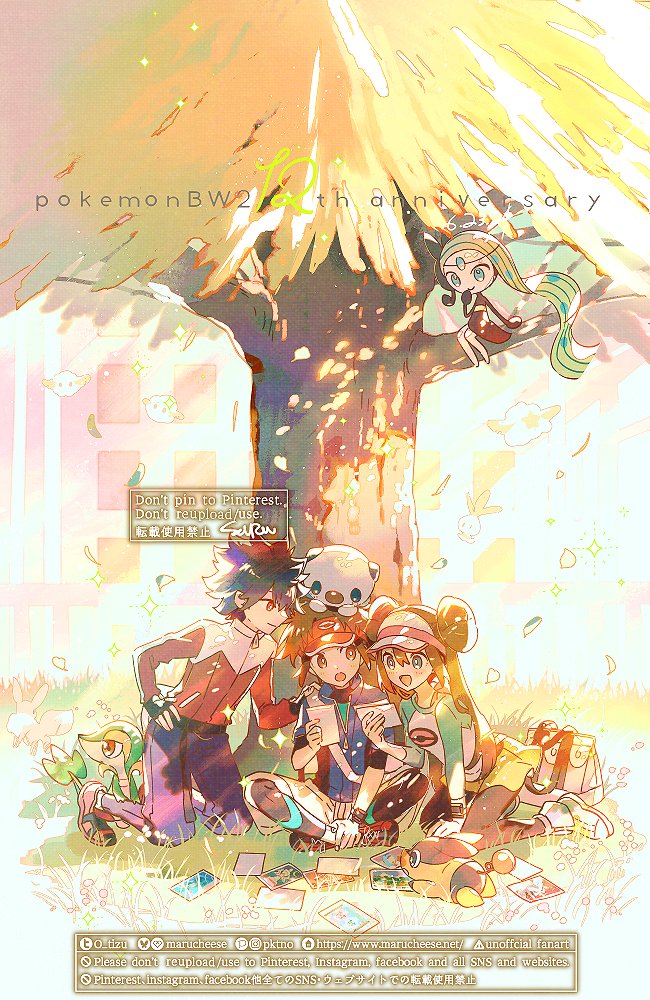 anniversary black_pantyhose blue_jacket blue_shirt brown_hair commentary_request copyright_name donut double_bun food gen_5_pokemon hair_bun holding holding_photo hugh_(pokemon) jacket kneeling legendary_pokemon long_hair medium_hair meloetta mythical_pokemon naru_(andante) nate_(pokemon) nintendo oshawott outdoors pantyhose photo_(object) pokemon pokemon_(creature) pokemon_bw pokemon_bw2 red_jacket rosa_(pokemon) shirt short_hair short_shorts shorts snivy tepig tree twitter_username white_shirt white_shorts yellow_shorts