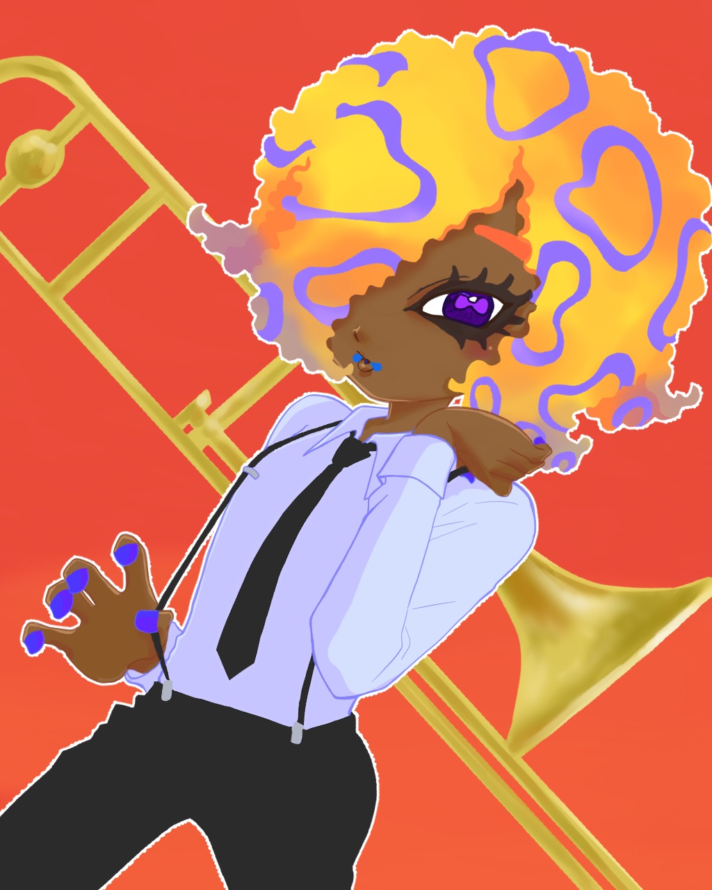 1girl black_pants black_suspenders cephalopod_eyes collared_shirt cowboy_shot hair_over_one_eye hand_up highres instrument long_sleeves looking_at_viewer nintendo orange_hair outline pants patterned_hair purple_eyes red_background shirt solo splatoon_(series) splatoon_3 tao_blu tentacle_hair trombone user_puye5422 white_outline white_shirt