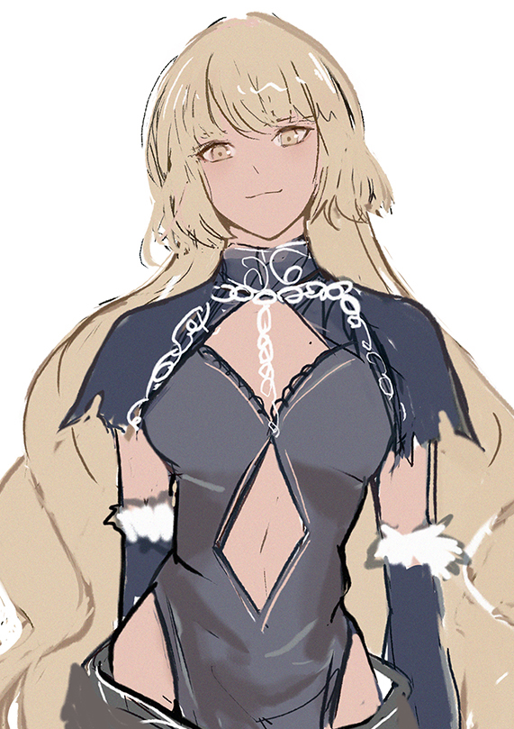 1girl bad_id bad_pixiv_id blonde_hair breasts chain cosplay detached_sleeves fate/apocrypha fate/grand_order fate_(series) female_focus floating_hair head_tilt jeanne_d&#039;arc_(fate) jeanne_d&#039;arc_(ruler)_(fate) jeanne_d&#039;arc_alter_(avenger)_(fate) jeanne_d&#039;arc_alter_(avenger)_(third_ascension)_(fate) jeanne_d&#039;arc_alter_(fate) jeanne_d&#039;arc_alter_(fate)_(cosplay) long_hair looking_at_viewer medium_breasts shino_(mufn5785) simple_background sketch smile solo standing upper_body very_long_hair white_background yellow_eyes