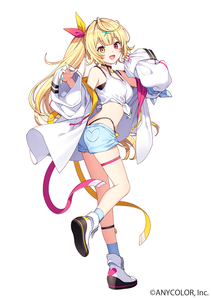 1girl :d ahoge aqua_nails blonde_hair boots bow choker copyright_name full_body hair_bow heterochromia hoshikawa_sara long_hair looking_back midriff nardack nijisanji off_shoulder official_art open_clothes open_mouth open_shirt pinching_sleeves red_eyes second-party_source shirt short_shorts shorts simple_background smile solo strap tachi-e thigh_strap tied_shirt virtual_youtuber white_background yellow_eyes
