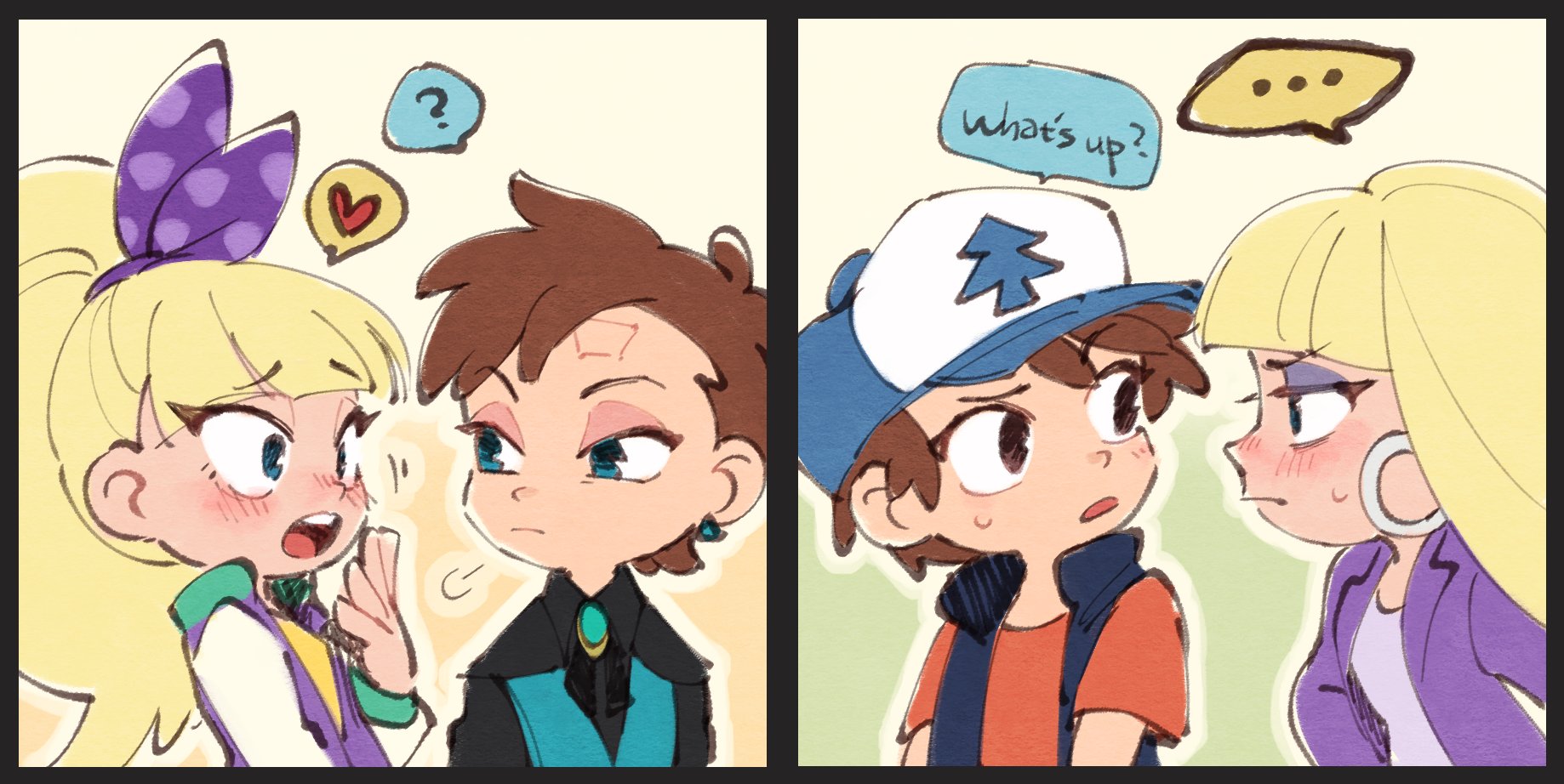 ... 2boys 2girls ? baseball_cap blonde_hair blue_eyes blush brown_hair closed_mouth dipper_gleeful dipper_pines english_text gravity_falls hair_ribbon hat heart highres jacket long_hair mixed-language_commentary multiple_boys multiple_girls open_clothes open_jacket pacifica_northwest pacifica_southeast ponytail profile purple_jacket purple_ribbon reverse_falls_(gravity_falls) ribbon short_hair sweatdrop ukata