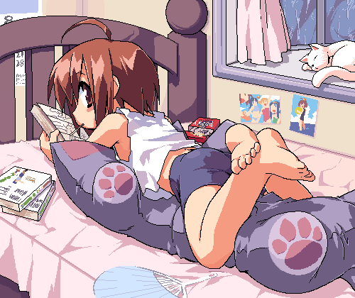 1girl ahoge barefoot bike_shorts bike_shorts_girl_(tomoshibi_hidekazu) brown_eyes brown_hair cat feet female_focus food lolita_fashion lowres lying mof oekaki on_stomach original pocky reading redrantem solo tomoshibi_hidekazu