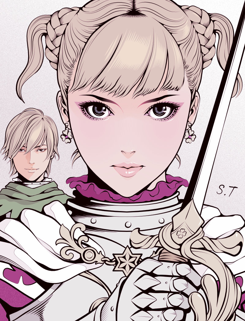 1boy 1girl armor berserk blonde_hair blunt_bangs braid capelet closed_mouth collar commentary_request earrings eyelashes eyeshadow farnese_(berserk) flower_earrings frilled_collar frills full_armor green_capelet hair_between_eyes half-closed_eyes holding holding_sword holding_weapon jewelry limited_palette lips looking_at_viewer makeup pink_eyeshadow pink_lips portrait serpico_(berserk) short_hair signature simple_background smile solo_focus spot_color sword takanashi_shin twin_braids twintails weapon white_armor white_background white_capelet