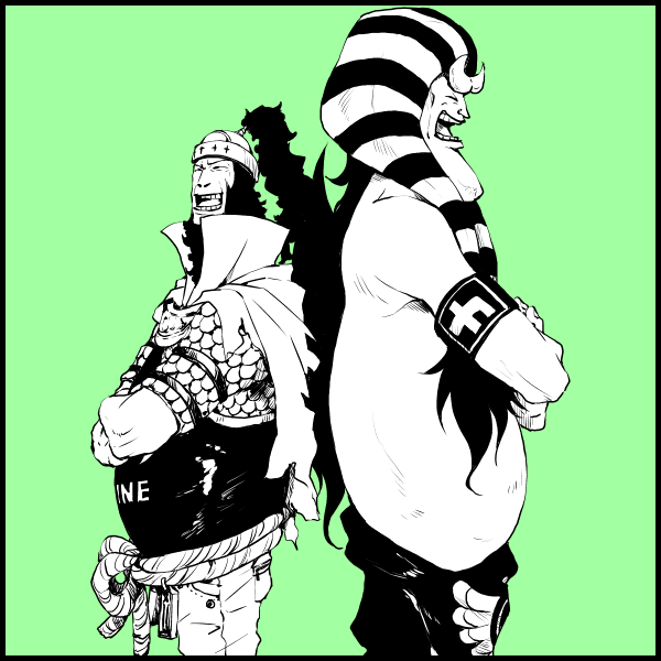 2boys ^_^ armband closed_eyes commentary_request crossed_arms erina_(canaliheath) green_background greyscale_with_colored_background hannyabal_(one_piece) hat helmet horns long_hair male_focus multiple_boys nemes one_piece open_mouth profile rope smile t-bone_(one_piece) topless_male
