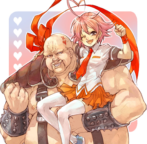 1boy 1girl ahoge aino_heart arcana_heart armor bald breasts carrying carrying_person crossover elbow_carry fat fat_man head_tattoo heart heart_ahoge hokuto_no_ken looking_at_viewer m.u.g.e.n medium_breasts mr._heart necktie obese orange_skirt pauldrons pink_hair raised_fist red_ribbon ribbon school_uniform shika_(pixiv) shirt short_hair shoulder_armor skirt smile thighhighs vambraces white_shirt zettai_ryouiki