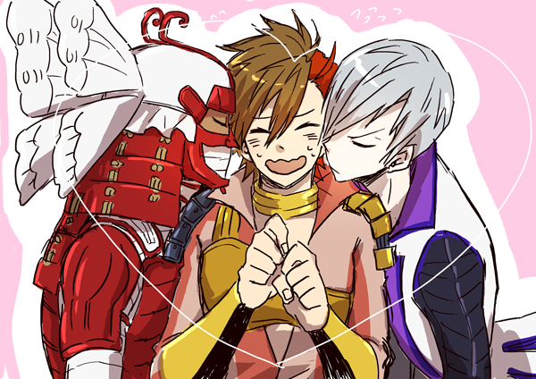 3boys ^_^ armor bandaged_arm bandaged_head bandages brown_hair clenched_hands closed_eyes flying_sweatdrops ha0810 helmet imminent_kiss ishida_mitsunari_(sengoku_basara) japanese_armor kabuto_(helmet) male_focus multicolored_hair multiple_boys ootani_yoshitsugu_(sengoku_basara) open_mouth pink_background red_hair sengoku_basara shima_sakon_(sengoku_basara) short_hair split-color_hair sweat two-tone_hair upper_body