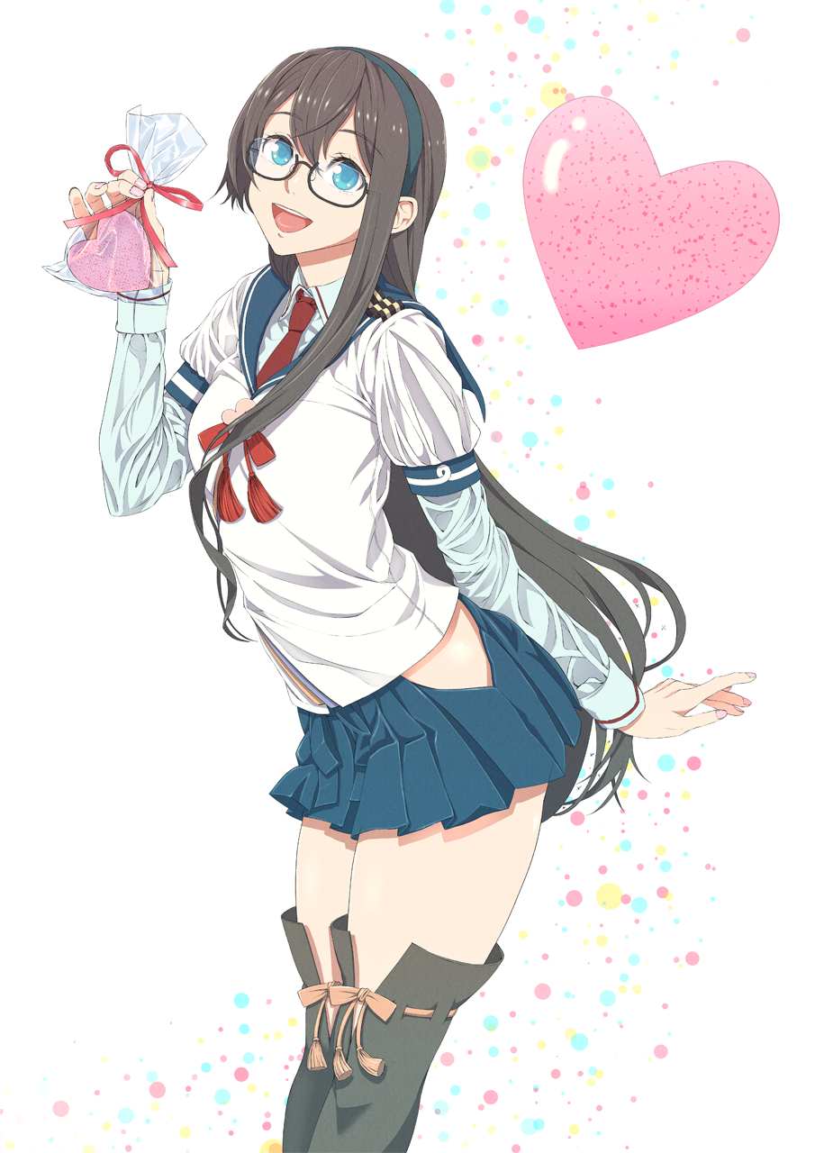 1girl black_hair blue_hairband blue_skirt breasts glasses green_eyes hairband heart highres hip_vent holding kantai_collection long_hair long_sleeves miniskirt ooyodo_(kancolle) pleated_skirt school_uniform semi-rimless_eyewear serafuku simple_background skirt small_breasts solo thighhighs under-rim_eyewear white_background yuichi_(sp_sakura_yoshi)