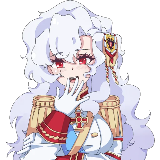 1girl aiguillette alpha_(alpha_1918) armband blue_sash buttons collar covering_own_mouth cross cross_pendant epaulettes findoworld fluffy fluffy_hair gloves gold_buttons gold_trim hair_between_eyes hair_ornament hand_over_own_mouth laughing lips long_hair looking_at_viewer military military_uniform original red_eyes red_sleeve_cuffs russian_empire sash sleeve_cuffs smug solo sticker teeth tongue transparent transparent_background upper_teeth_only very_long_hair white_gloves white_hair
