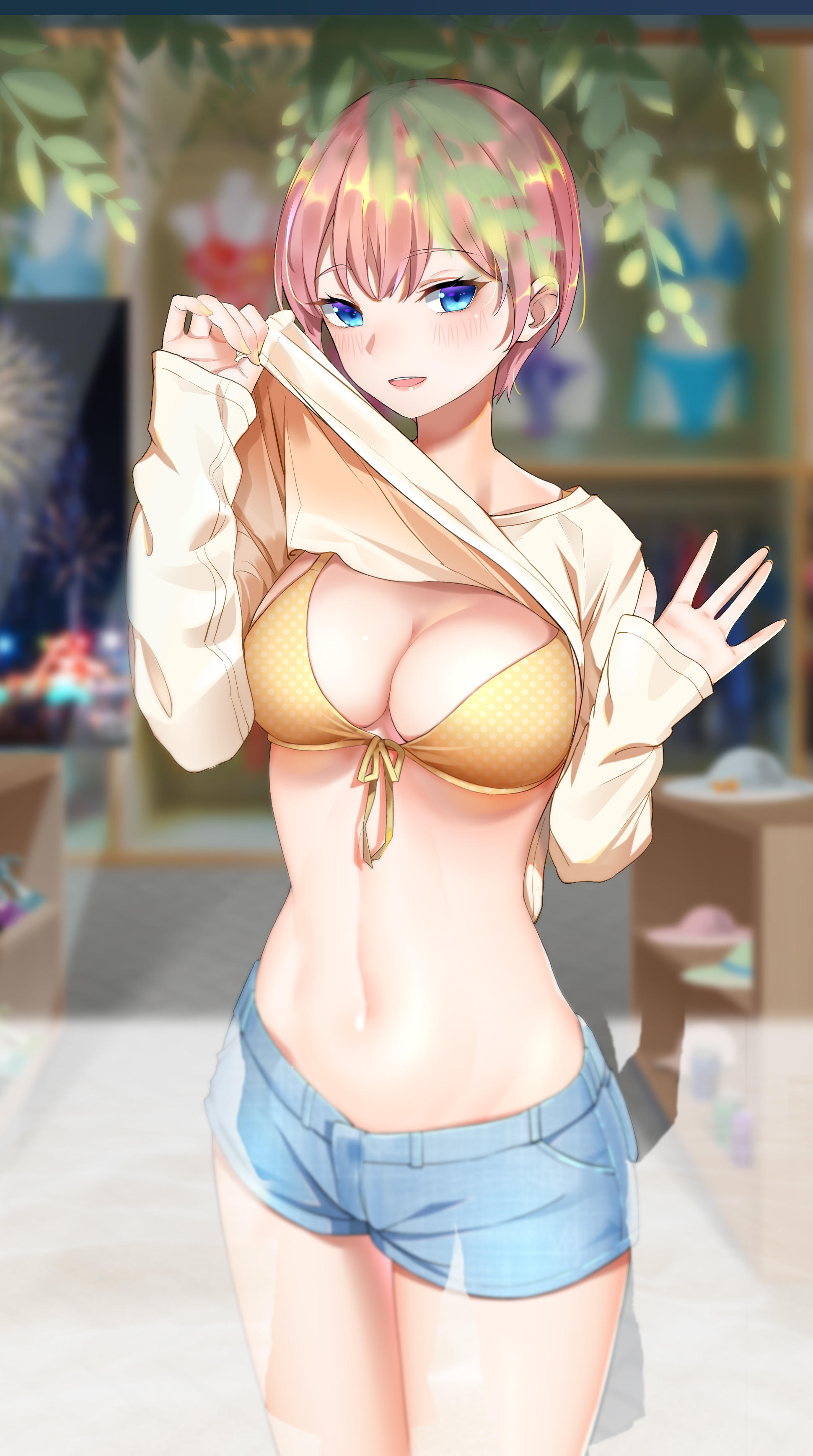 1girl absurdres bikini bikini_top_only bikini_under_clothes blue_eyes blush breasts cleavage clothes_lift day female_focus front-tie_bikini_top front-tie_top go-toubun_no_hanayome hair_between_eyes highres kongbai large_breasts lifting_own_clothes looking_at_viewer nail_polish nakano_ichika navel open_mouth orange_bikini pink_hair polka_dot polka_dot_bikini polka_dot_bikini_top shirt shirt_lift short_hair short_shorts shorts smile solo standing swimsuit yellow_nails