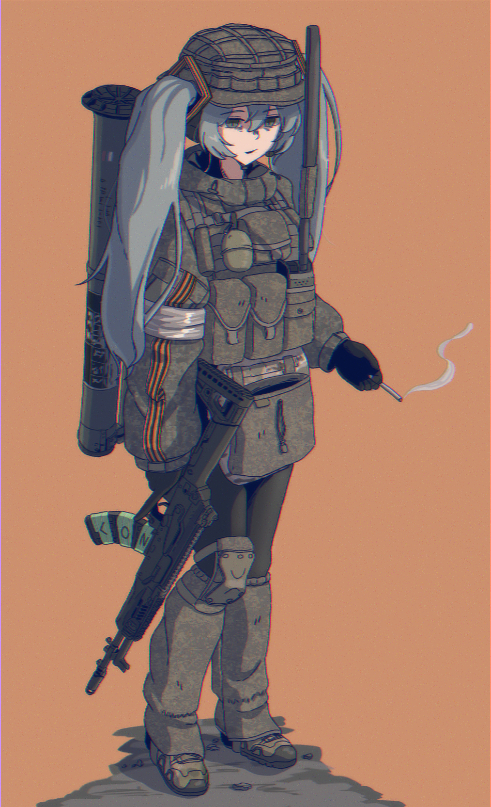 1girl ak-200 b1-517 bags_under_eyes blue_hair cigarette hatsune_miku highres kalashnikov_rifle load_bearing_vest orange_background rgd-5 rocket_launcher rpg_(weapon) russian_ground_forces simple_background smoke solo standing twintails vocaloid weapon