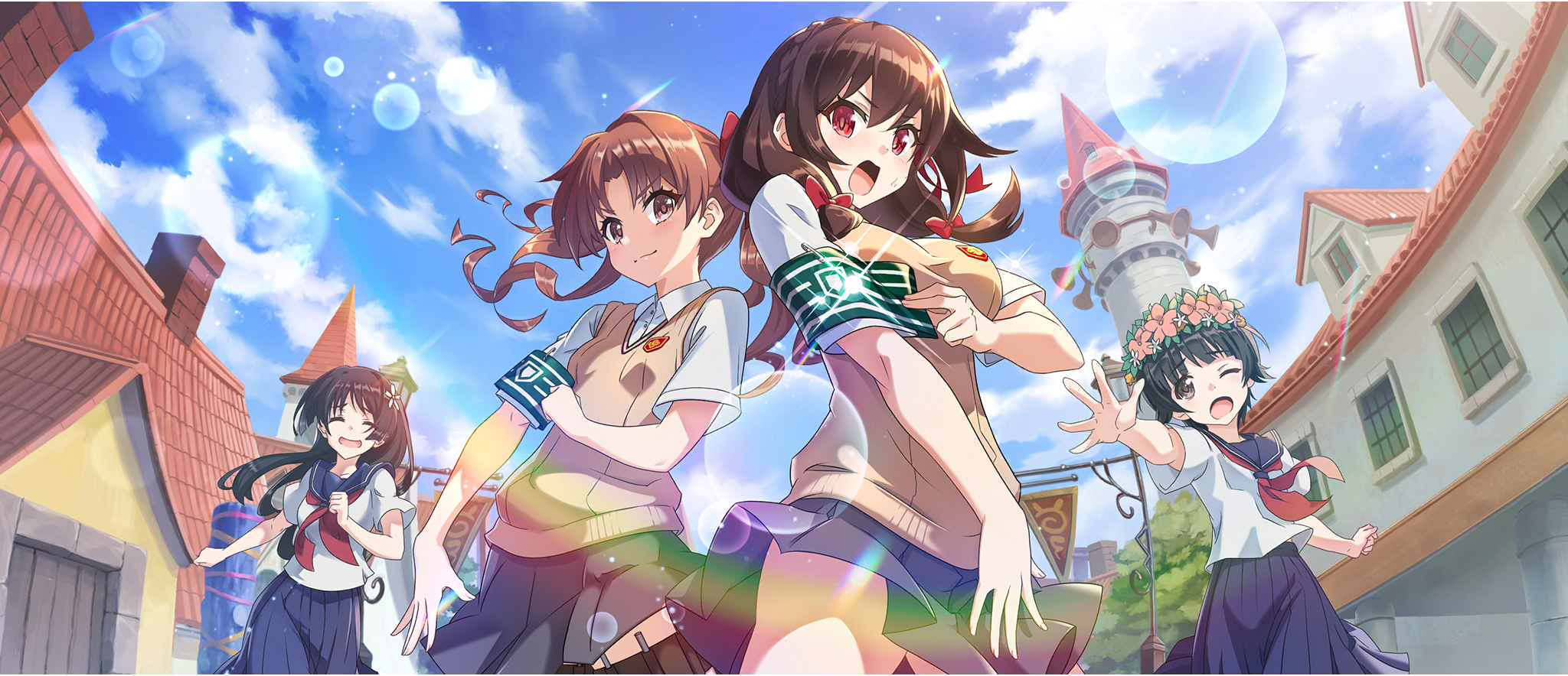 4girls armband black_hair blue_sailor_collar blue_skirt blue_sky bow braid breasts brown_eyes brown_hair brown_sweater_vest building clenched_hands closed_eyes clothes_lift cloud cloudy_sky collared_shirt cosplay crossover crown_braid day emblem flower flower_wreath from_below game_cg green_armband grey_skirt hair_bow hair_flower hair_ornament head_wreath highres holster judgement_armband_(toaru) kono_subarashii_sekai_ni_shukufuku_wo! konosuba!_fantastic_days large_breasts long_hair looking_at_another looking_at_viewer looking_down low_twintails matching_outfits medium_breasts medium_skirt miniskirt multiple_girls neckerchief needle official_art one_eye_closed open_mouth outdoors outstretched_arm pleated_skirt reaching red_bow red_eyes red_neckerchief running sailor_collar sakugawa_school_uniform saten_ruiko school_emblem school_uniform serafuku shirai_kuroko shirai_kuroko_(cosplay) shirt short_hair short_sleeves skirt skirt_lift sky small_breasts summer_uniform sunlight sweatdrop sweater_vest thigh_holster thighs throwing_needles toaru_kagaku_no_railgun toaru_majutsu_no_index tokiwadai_school_uniform twintails uiharu_kazari v-shaped_eyebrows white_flower white_shirt yunyun_(konosuba)