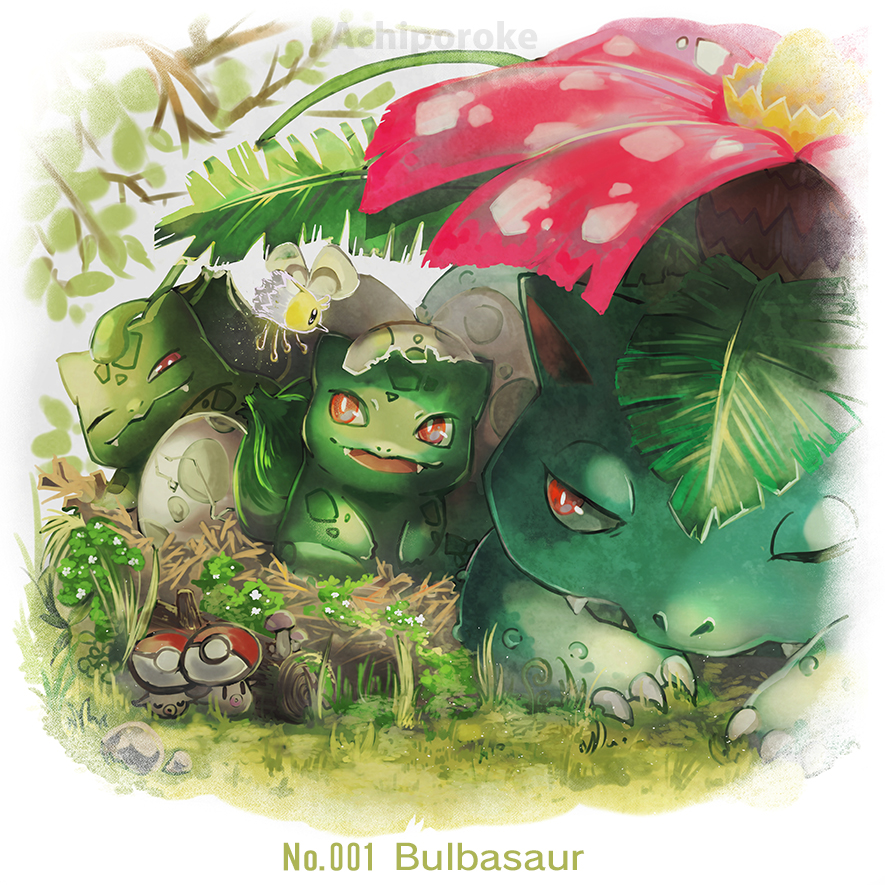 :d achiporoke_(erwd8744) bright_pupils bulbasaur character_name claws commentary_request cracked_egg cutiefly egg fangs fangs_out foongus gen_1_pokemon gen_5_pokemon gen_7_pokemon grass lying nintendo no_humans one_eye_closed open_mouth pokedex_number pokemon pokemon_(creature) red_eyes smile venusaur white_pupils