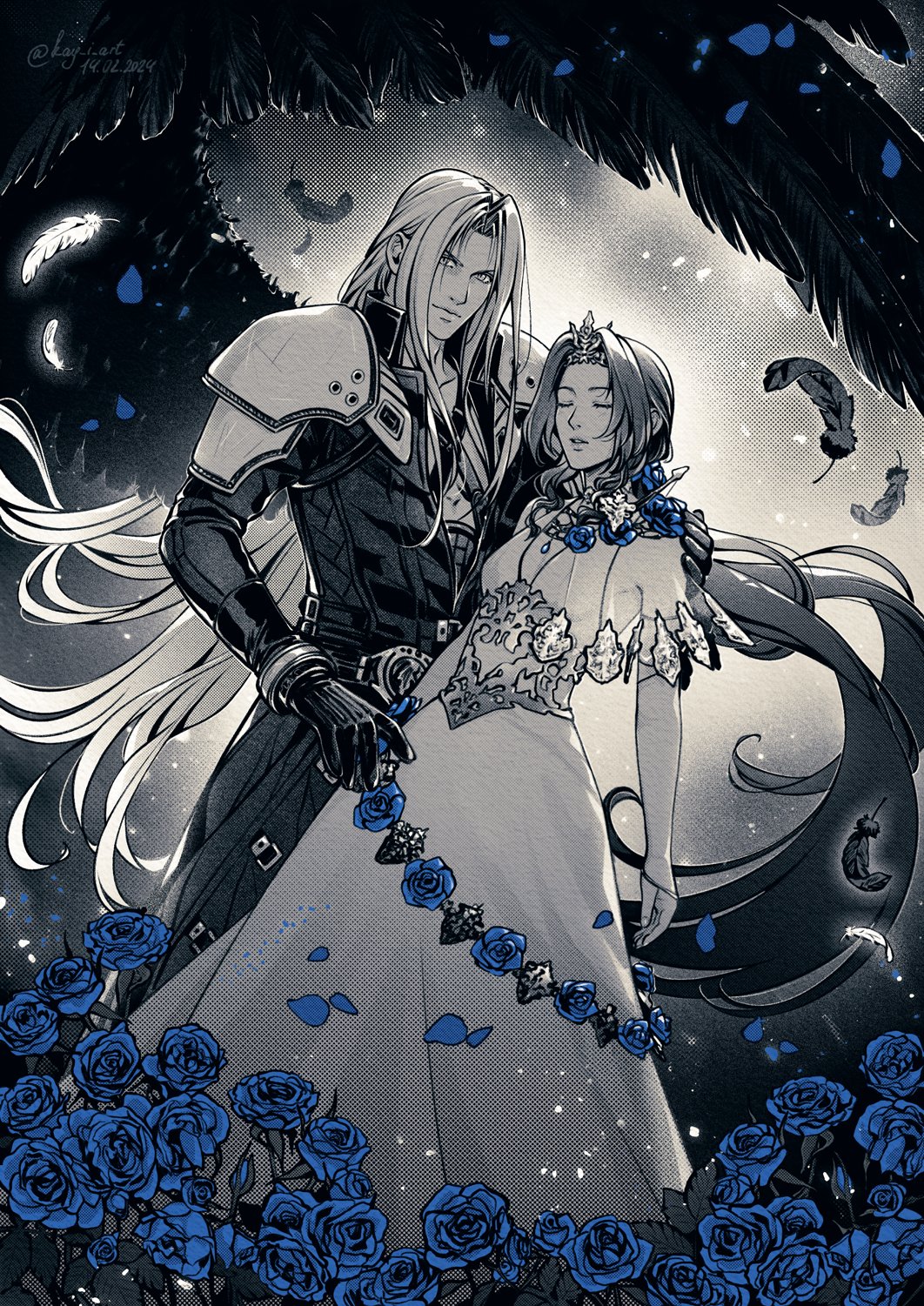 1boy 1girl aerith_gainsborough aerith_gainsborough_(prism_dress) armor bangle black_coat black_feathers black_gloves black_wings blue_flower blue_rose bracelet breasts chest_strap closed_eyes closed_mouth coat couple dated detached_sleeves dress dress_flower falling_feathers falling_petals feathered_wings feathers final_fantasy final_fantasy_vii final_fantasy_vii_ever_crisis final_fantasy_vii_remake flower gloves hand_on_another&#039;s_shoulder hetero highres jewelry kay-i long_coat long_dress long_hair looking_at_viewer low_ponytail medium_breasts monochrome parted_bangs parted_lips petals plunging_neckline ponytail rose see-through_clothes see-through_sleeves sephiroth shoulder_armor sidelocks single_wing spot_color tiara twitter_username wavy_hair white_dress white_feathers white_sleeves wings