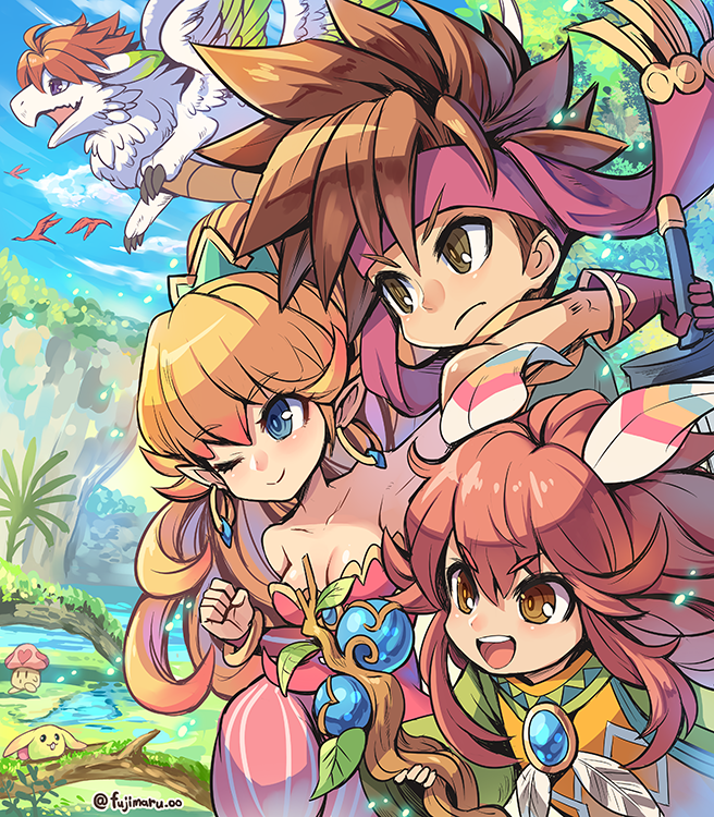 1boy 1girl 1other :d ;) bad_id bad_pixiv_id bare_shoulders blonde_hair blue_eyes blue_sky bracelet breasts brown_eyes brown_hair cleavage closed_mouth cloud collarbone day dragon earrings feather_hair_ornament feathers flammie frown fujimaru_(green_sparrow) gloves hair_between_eyes hair_ornament harem_pants headband holding holding_sword holding_weapon hoop_earrings jewelry leaf long_hair medium_breasts mushboom mushroom one_eye_closed open_mouth orange_hair pants pink_headband pink_pants pointy_ears ponytail popoi_(seiken_densetsu_2) primm_(seiken_densetsu_2) purple_gloves rabite_(seiken_densetsu) randi_(seiken_densetsu_2) seiken_densetsu seiken_densetsu_2 sky smile spiked_hair staff striped_clothes striped_pants sword teeth twitter_username v-shaped_eyebrows vertical-striped_clothes vertical-striped_pants weapon