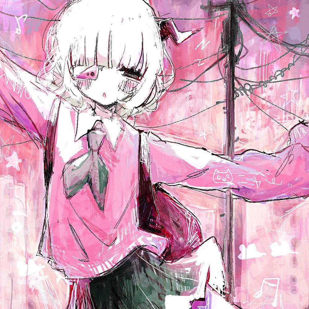 1girl bag black_skirt blunt_bangs blush collared_shirt commentary doodle_inset eyepatch horns long_sleeves looking_at_viewer medical_eyepatch musical_note neckerchief noroi_(rnatataki) one_eye_covered original pink_background pink_sweater pleated_skirt school_bag school_uniform shirt short_hair single_horn skirt solo star_(symbol) sweater triangle_mouth utility_pole white_shirt zzz