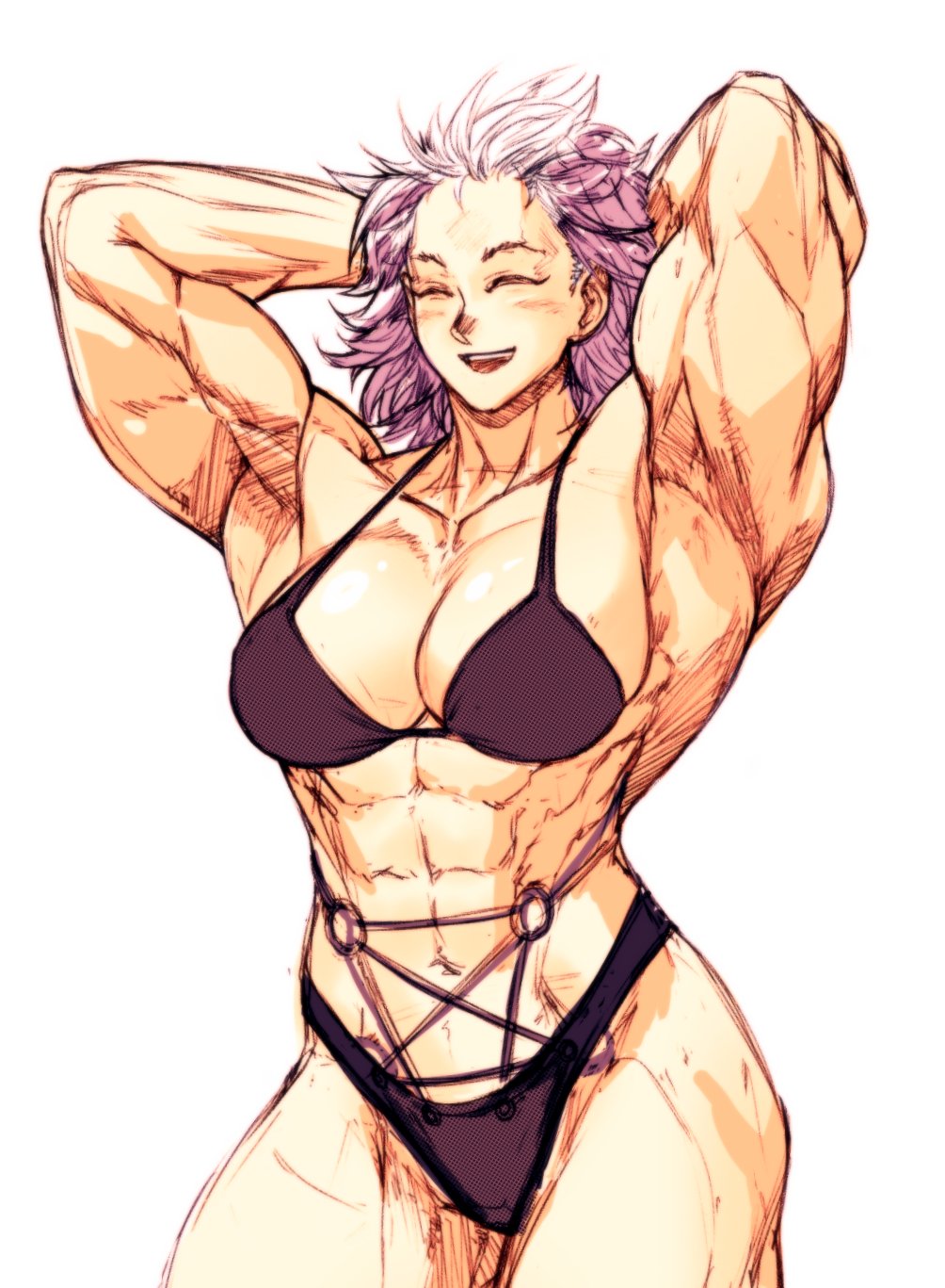 1girl abs armpits arms_behind_head bikini black_bikini breasts cleavage closed_eyes dorohedoro highres large_breasts long_hair looking_to_the_side muscular muscular_female noi_(dorohedoro) smile solo swimsuit thick_thighs thighs white_background white_hair zero_setsu