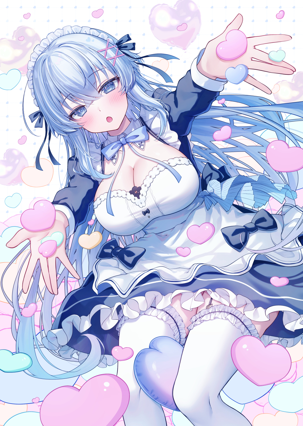 1girl apron black_bow blue_bow blue_dress blue_eyes blue_hair blush bow breasts cleavage commentary_request dress frilled_dress frilled_thighhighs frills gyozanuko hair_between_eyes hair_ornament heart heart_background highres juliet_sleeves large_breasts long_hair long_sleeves looking_at_viewer maid maid_apron open_mouth original outstretched_arms puffy_sleeves solo thighhighs very_long_hair white_apron white_background white_thighhighs x_hair_ornament