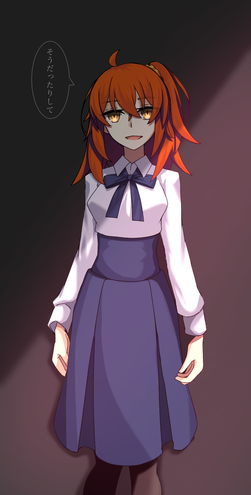 1girl ahoge arms_at_sides artoria_pendragon_(fate) blue_ribbon blue_skirt cosplay fate/grand_order fate/stay_night fate_(series) fujimaru_ritsuka_(female) fujimaru_ritsuka_(female)_(anniversary_blonde) hair_between_eyes high-waist_skirt highres looking_at_viewer neck_ribbon orange_eyes orange_hair pantyhose ribbon saber_(fate) saber_(fate)_(cosplay) scrunchie shaded_face shirt short_hair side_ponytail skirt smile solo takenoko_(haruharu) translation_request white_shirt yellow_scrunchie