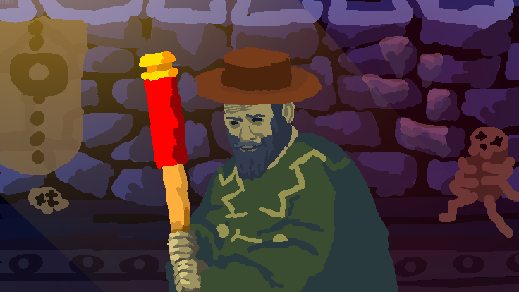 1boy artist_request banner baseball_bat beard black_eyes black_hair brick_wall brown_headwear dungeon enter_the_gungeon facial_hair full_beard green_poncho hat holding holding_baseball_bat ishygddt_(meme) male_focus meme mustache seinfeld skeleton skull smirk the_gunslinger_(enter_the_gungeon) upper_body x_x