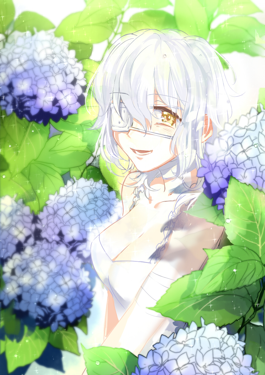 1girl bandages claudia_hortensia eyepatch fate/hollow_ataraxia fate/zero fate_(series) female_focus flower highres hydrangea medical_eyepatch name_connection short_hair solo sunday31 wavy_hair white_hair yellow_eyes