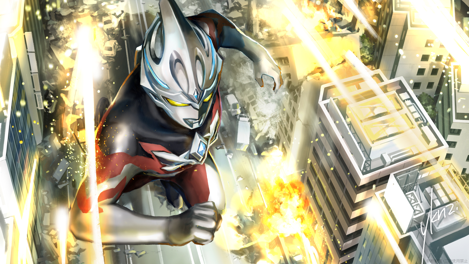 1boy black_skin building charging_forward city cityscape clenched_hand color_timer colored_skin commentary_request energy_arrow explosion forehead_jewel highres light_particles looking_ahead male_focus multicolored_skin no_pupils red_skin road rubble signature silver_skin snowslide solo street tokusatsu ultra_series ultraman_arc ultraman_arc_(series) yellow_eyes