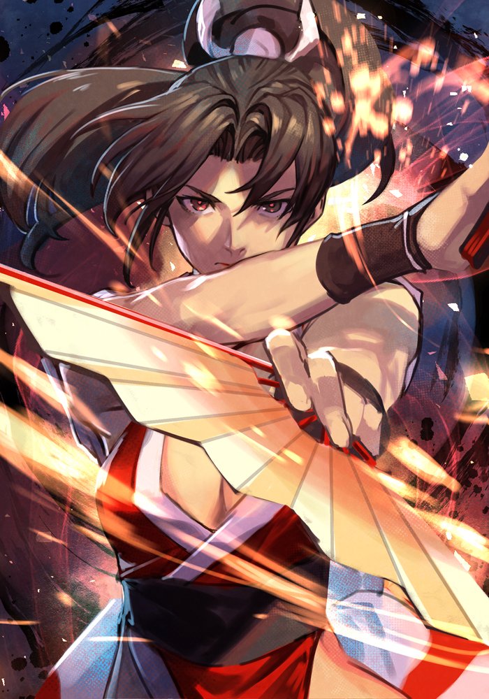 1girl breasts brown_eyes brown_hair cleavage cowboy_shot fatal_fury fire hand_fan high_ponytail holding holding_fan hungry_clicker japanese_clothes kimono long_hair ponytail red_kimono shiranui_mai solo the_king_of_fighters