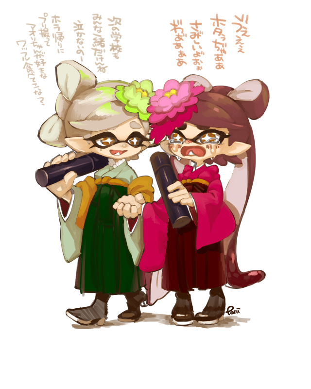2girls artist_name black_footwear bow-shaped_hair bright_pupils brown_eyes brown_hair callie_(splatoon) commentary_request cousins cross-shaped_pupils crying crying_with_eyes_open fang flower full_body graduation green_flower green_hakama green_kimono grey_hair hair_flower hair_ornament hakama hakama_skirt holding_hands holding_tube inkling japanese_clothes kimono long_hair long_sleeves looking_at_another lower_teeth_only marie_(splatoon) mole mole_under_eye multiple_girls nintendo open_mouth pani_spla pink_flower pink_kimono pointy_ears red_hakama short_hair skirt splatoon_(series) standing swept_bangs symbol-shaped_pupils tears teeth tentacle_hair thick_eyebrows translation_request tube twintails white_background white_pupils wide_sleeves