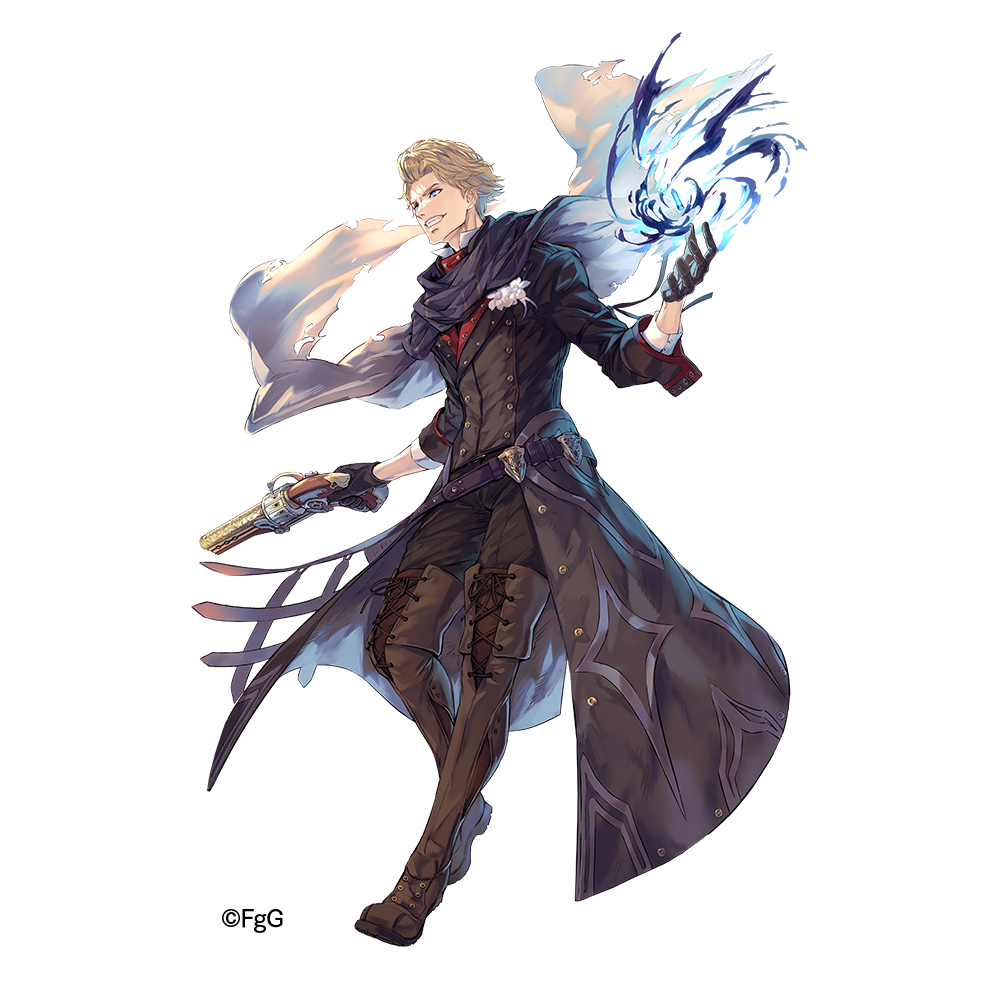1boy belt black_gloves blonde_hair boots brown_boots edgar_(ta_ga_tame_no_alchemist) floating_cape full_body gloves gun hair_behind_ear holding holding_gun holding_weapon male_focus official_alternate_costume official_art rinzo scarf second-party_source simple_background solo standing ta_ga_tame_no_alchemist teeth transparent_background weapon