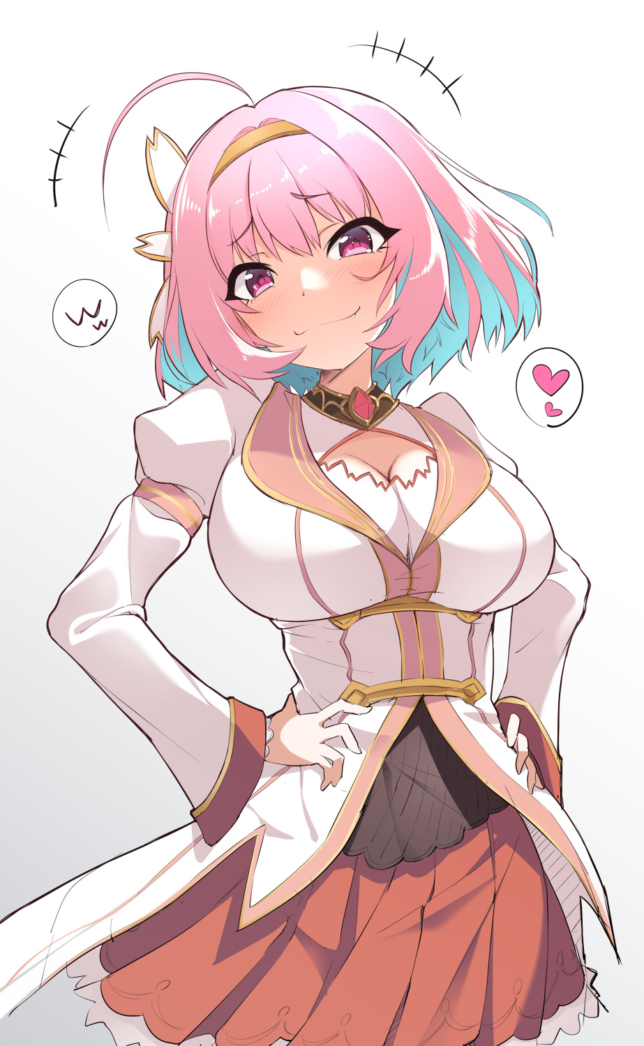 1girl ahoge blue_hair breasts cleavage cleavage_cutout clothing_cutout commentary_request cosplay cowboy_shot gradient_background grey_background hair_intakes hairband hands_on_own_hips heart highres idolmaster idolmaster_cinderella_girls juliet_sleeves large_breasts long_sleeves looking_at_viewer multicolored_hair nekono_matatabi pink_eyes pink_hair pleated_skirt princess_connect! puffy_sleeves raised_eyebrows red_skirt shirt skirt smirk smug solo split_mouth spoken_heart two-tone_hair white_background white_shirt yui_(princess_connect!) yui_(princess_connect!)_(cosplay) yumemi_riamu