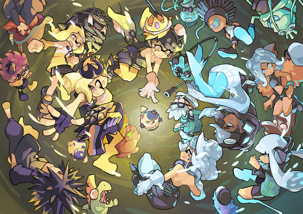 6+girls annie_(splatoon) bizen_(splatoon) blonde_hair blue_hair c.q._cumber_(splatoon) callie_(splatoon) cap&#039;n_cuttlefish cat commander_tartar craymond_(splatoon) crusty_sean dark-skinned_female dark_skin everyone fangs flow_(splatoon) gloves gomipomi gusoku-san inkling inkling_girl inkling_player_character judd_(splatoon) li&#039;l_judd_(splatoon) looking_at_another marie_(splatoon) marina_(splatoon) moe_(splatoon) multiple_girls nintendo octoling octoling_player_character pearl_(splatoon) shiganii_(splatoon) smile splatoon_(series) splatoon_2 splatoon_2:_octo_expansion tentacle_hair
