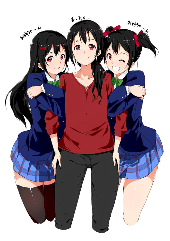 3girls aged_up alp arm_hug black_hair bow bowtie cropped_legs girl_sandwich grin hair_bow long_hair looking_at_viewer love_live! love_live!_school_idol_project medium_hair multiple_girls one_eye_closed otonokizaka_school_uniform red_eyes sandwiched school_uniform shirt siblings side_ponytail simple_background sisters skirt smile thighhighs twintails white_background yazawa_cocoa yazawa_cocoro yazawa_nico
