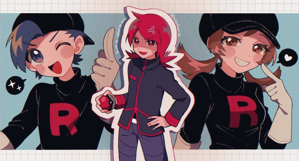 1girl 2boys ;d anger_vein baseball_cap black_hat black_shirt black_vest blue_eyes blue_hair brown_eyes brown_hair cowboy_shot creatures_(company) ethan_(pokemon) game_freak gloves grin hand_on_own_hip hat heart holding holding_poke_ball index_finger_raised long_hair long_sleeves low_twintails lyra_(pokemon) mikakami1e multiple_boys nintendo one_eye_closed open_mouth outline pants poke_ball pokemon pokemon_hgss purple_pants red_hair shirt short_hair silver_(pokemon) smile speech_bubble spoken_heart standing straight_hair sweatdrop team_rocket team_rocket_uniform twintails twitter_username upper_body vest watermark white_gloves white_outline