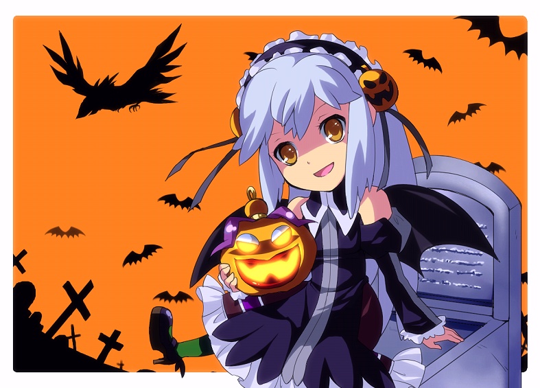 1girl bat_(animal) bat_wings bird black_dress brown_eyes cross crow detached_sleeves dress enoo female_focus food-themed_hair_ornament gothic_lolita grave hair_ornament hairband hairpin halloween jack-o&#039;-lantern katrina_elesius lantern lolita_fashion long_hair open_mouth orange_background pantyhose pumpkin pumpkin_hair_ornament ribbon shoes sidelocks silhouette simple_background smile solo tombstone two-tone_background white_hair wild_arms wild_arms_xf wings