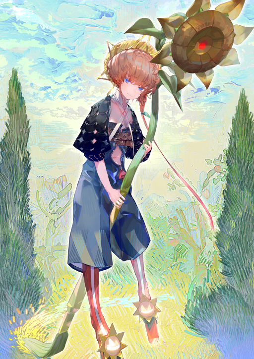 1girl belt black_shrug blue_eyes blue_pants boots braid brown_belt chest_belt closed_mouth collar fate/grand_order fate_(series) flower full_body game_cg hand_up hat head_tilt high-waist_pants holding holding_brush impressionism kibadori_rue looking_at_viewer navel no_shirt official_art orange_boots orange_hair oversized_object pants platform_boots short_hair_with_long_locks shrug_(clothing) smile solo sunflower third-party_source unzipped van_gogh_(fate) van_gogh_(first_ascension)_(fate) white_collar yellow_hat zipper zipper_pull_tab