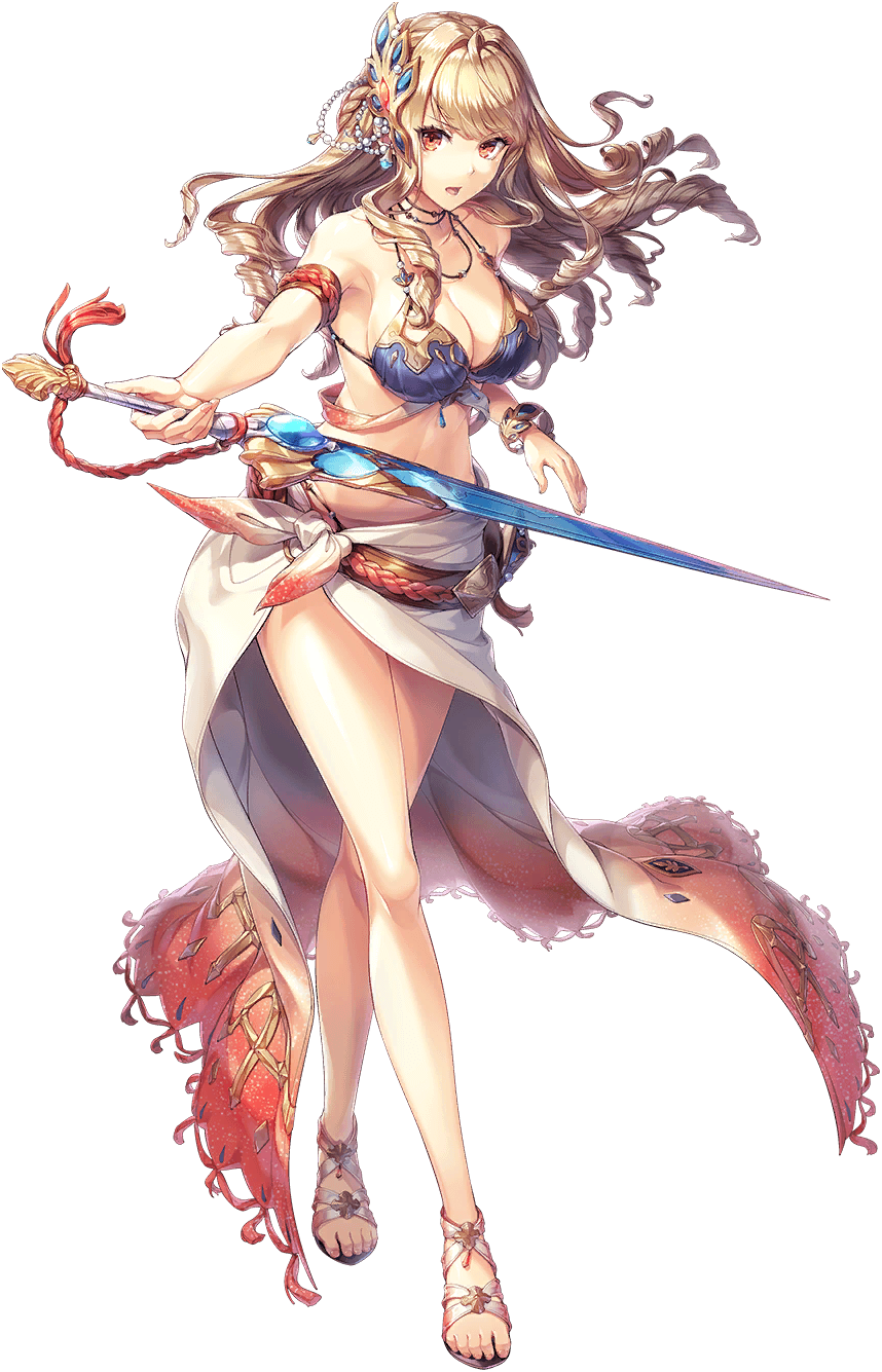 1girl armpits artist_request aselia_(unitia) bad_source bare_arms bare_legs bare_shoulders bracelet breasts cleavage conch full_body game_cg hair_ornament highres holding holding_sword holding_weapon jewelry legs navel official_alternate_costume official_art open_mouth pink_hair sandals sideboob solo swimsuit sword toes transparent_background unitia weapon