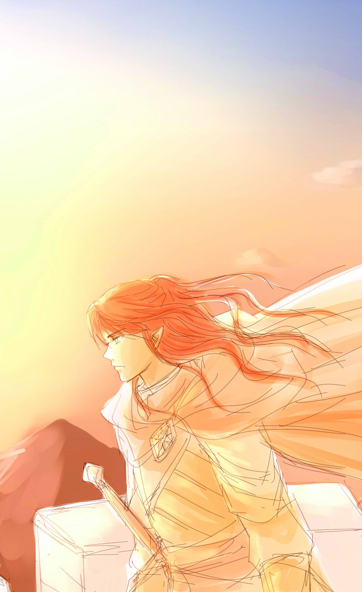 1boy armor cape closed_mouth elf floating_cape floating_clothes floating_hair highres long_hair maedhros male_focus mintkim mountain pointy_ears prince profile red_hair sky solo sword the_silmarillion tolkien&#039;s_legendarium weapon