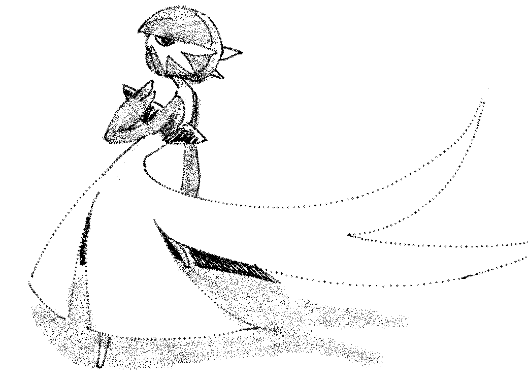 1girl arm_at_side awkwardmark bob_cut female_focus from_behind full_body gardevoir gen_3_pokemon greyscale hair_over_one_eye hand_up legs_apart looking_at_viewer looking_back monochrome nintendo no_feet one_eye_covered pokemon pokemon_(creature) short_hair simple_background solo standing white_background